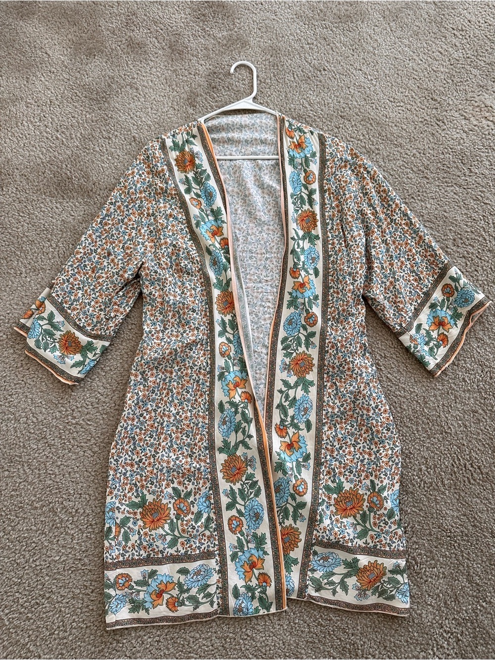 SHEIN Cream Kimono Robe with Orange and Blue Floral Border